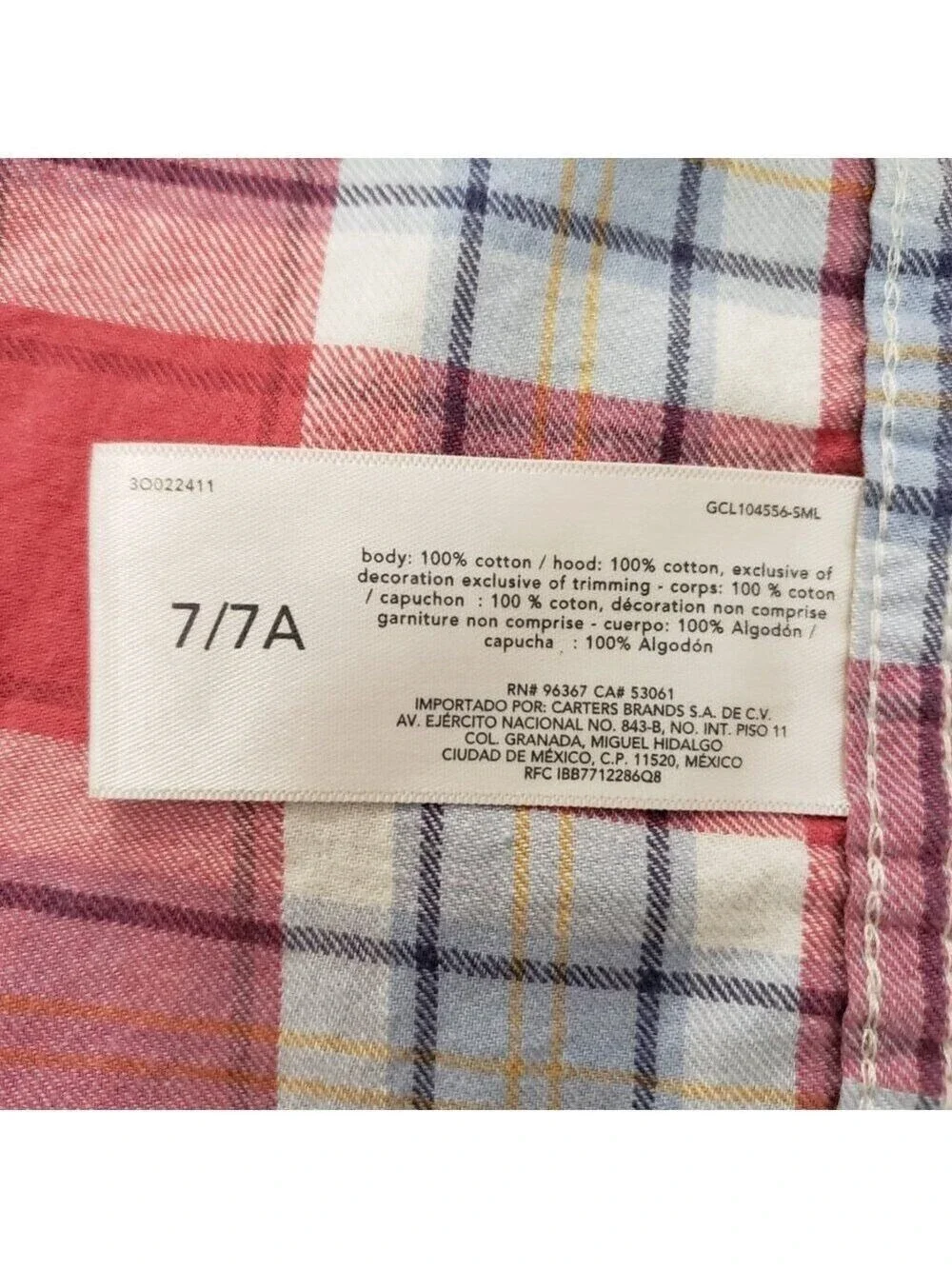 OshKosh Boys Size 7 Plaid Hooded Shirt Red Blue Button Down